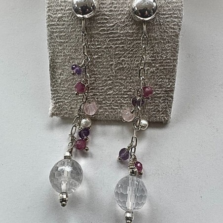 Aros de Plata con piedra Cuarzo Rosa Turmalina
