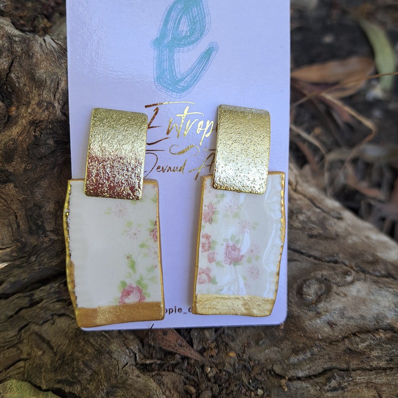 Aros Cerámica flores y bordes dorados