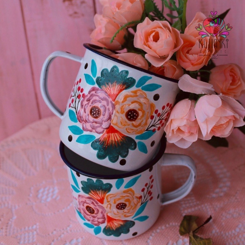 Jarrito enlozado mediano blanco flores