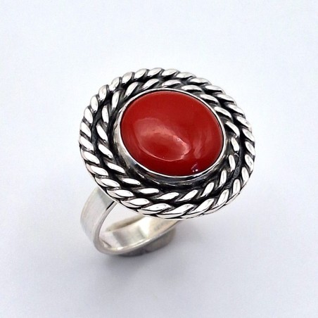 Anillo coral rojo borde trenza doble