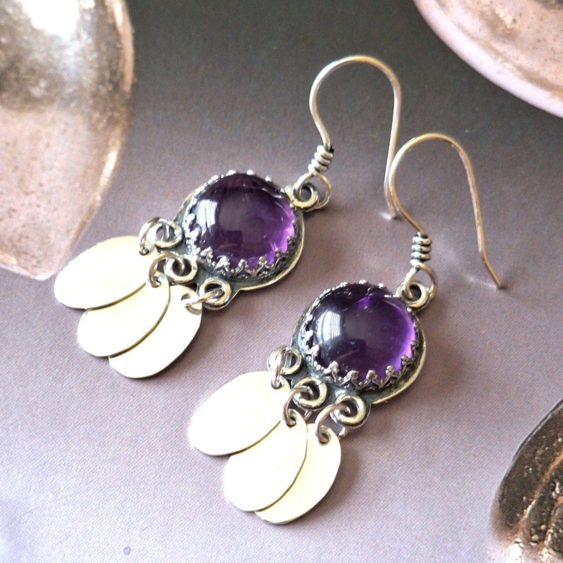 Aros Amatista colgantes ovales plata