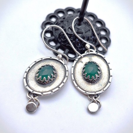Aros Ónix verde oval étnico plata