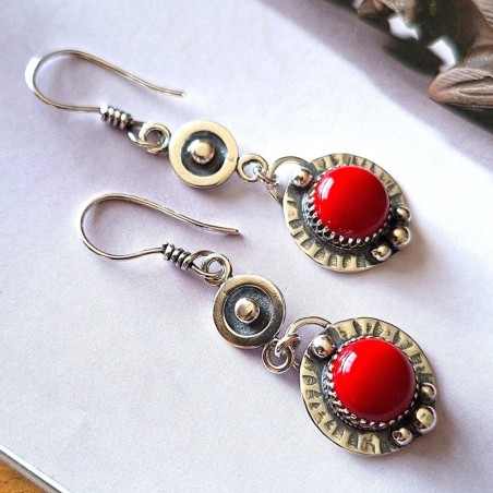 Aros Coral rojo redondo largos plata