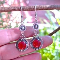 Aros Coral rojo redondo largos plata