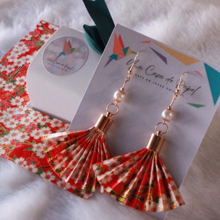 Aros origami abanico grande perla /oro