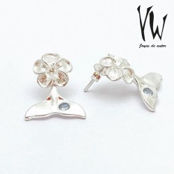 Aro Plata Cola Ballena con Flor y Agua Marina