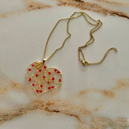 Colgante corazón grande alambrismo con Cadena y cristales rojos